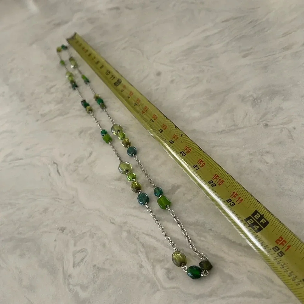 Beaded long necklace glass green silver link chain boho casual